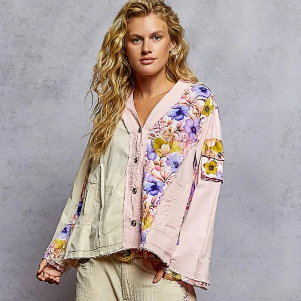 POL Floral Patchwork Button-Front Top in Cream and Pink & Purple New Never Worn - Picture 4 of 4